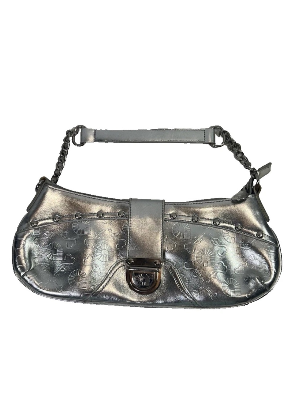 Vintage AKDMKS Metallic Silver Embossed Baguette Shoulder Bag Y2K Chain Purse